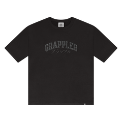 Black t-shirt with 'GRAPPLER' text on a white background